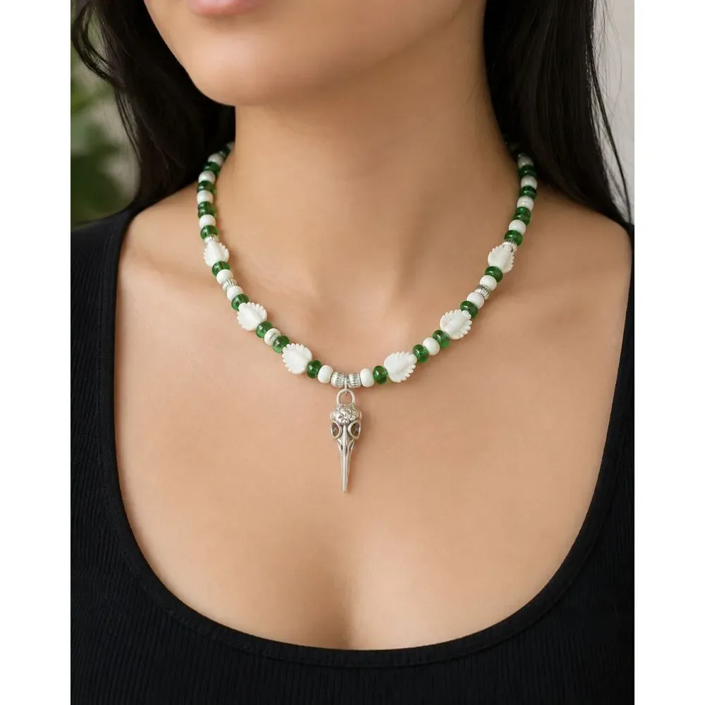 OOAK Handmade Green White Beaded Necklace Bird Skull Plague Doctor Mask Charm